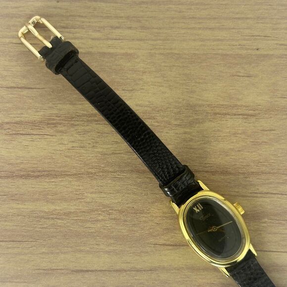 Timex Gold Oval Women’s Watch – Black Dial & Textured Leather Band - Picture 2 of 6